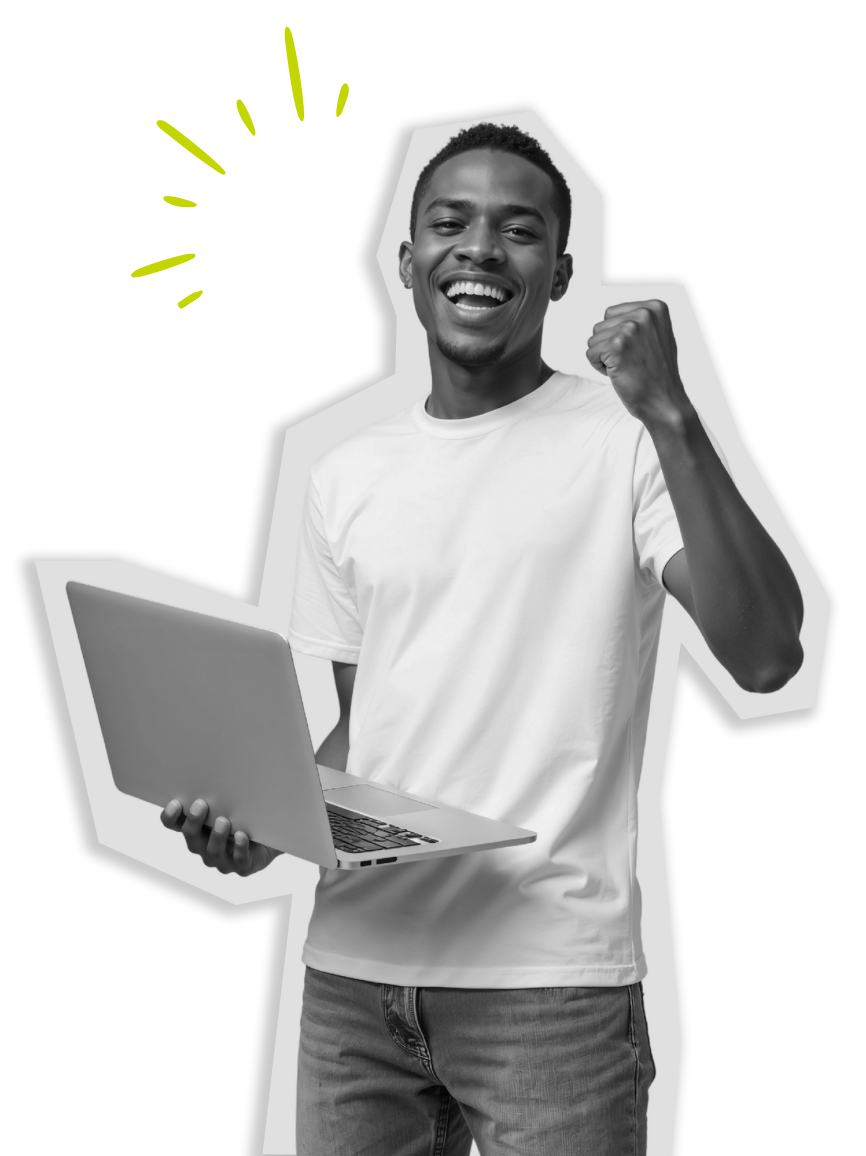 Smiling man holding laptop, celebrating online banking success.