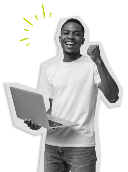 Smiling man holding laptop, celebrating online banking success.